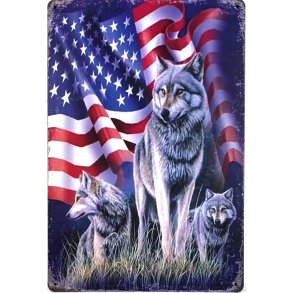 Metall skilt, Flag & Wolf